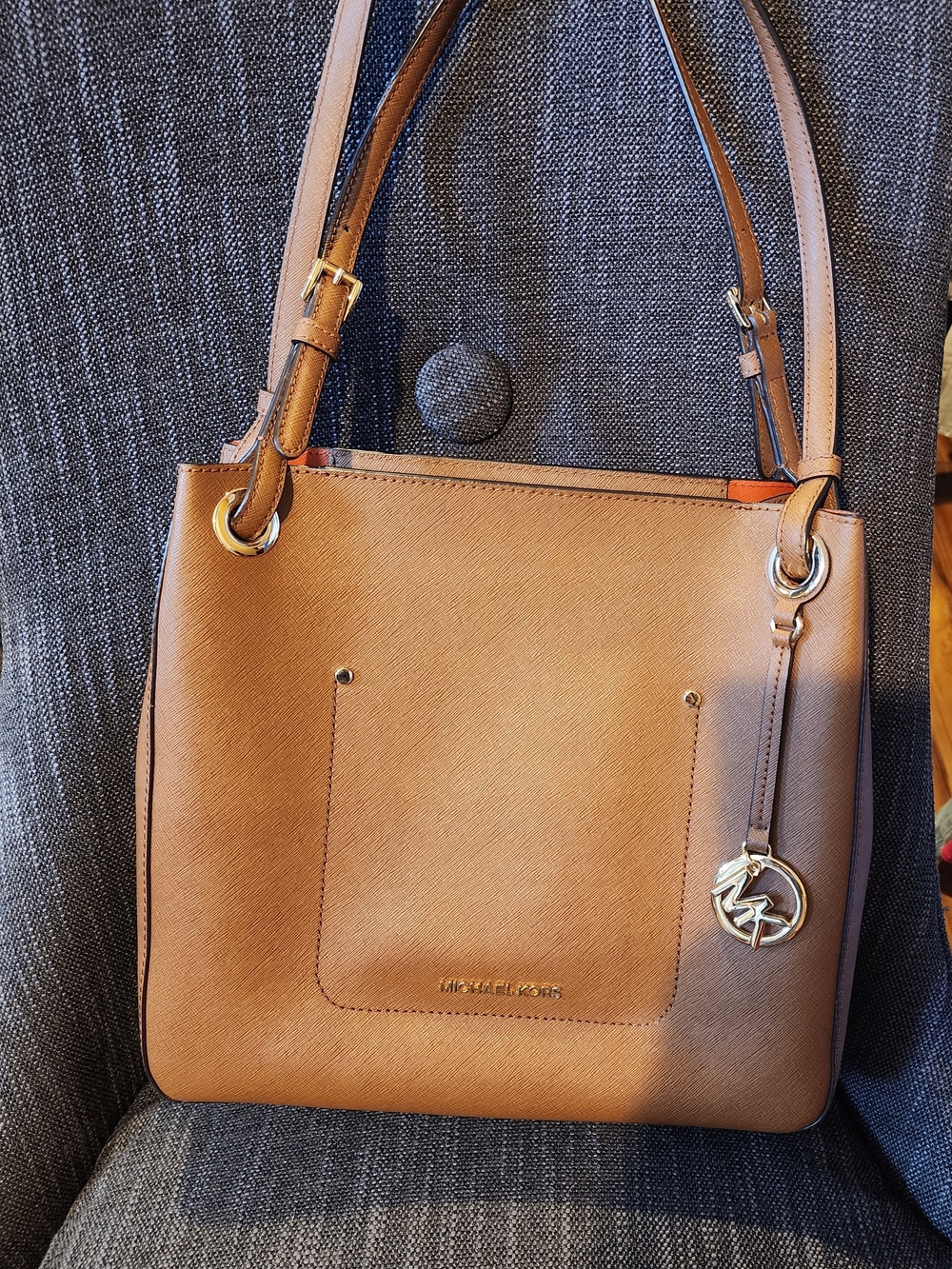 Michael Kors Camel Brown Leather Shoulder Bag with Gold Logo Charm